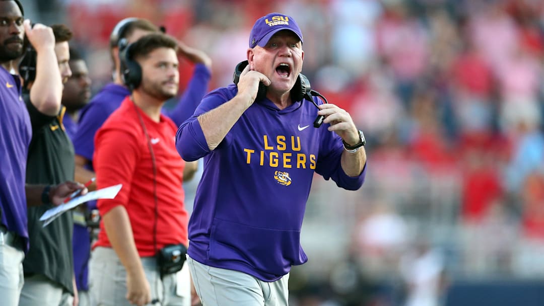 Brian Kelly yells during an LSU football game against Ole Miss in 2025