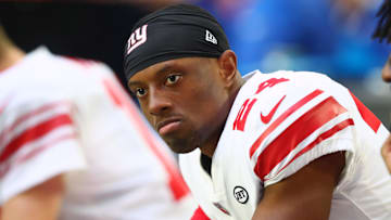 Dec 24, 2017; Glendale, AZ, USA; New York Giants cornerback Eli Apple (24) against the Arizona Cardinals at University of Phoenix Stadium. Mandatory Credit: Mark J. Rebilas-Imagn Images