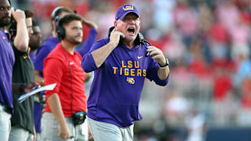 Sep 27, 2025; Oxford, Mississippi, USA; LSU Tigers head coach Brian Kelly reacts during the fourth quarter against the Mississippi Rebels at Vaught-Hemingway Stadium. Mandatory Credit: Petre Thomas-Imagn Images
