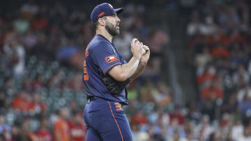 Jun 3, 2024; Houston, Texas, USA; Houston Astros starting pitcher Justin Verlander (35) reacts after a pitch during the first inning against the St. Louis Cardinals at Minute Maid Park