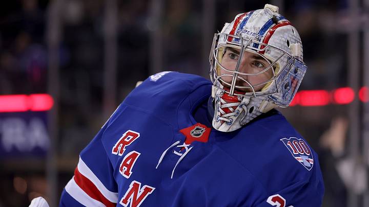 Mar 27, 2026; New York, New York, USA; New York Rangers goaltender Dylan Garand (33) during the third period against the Chicago Blackhawks at Madison Square Garden. Mar 27, 2026; New York, New York, USA; New York Rangers goaltender Dylan Garand (33) during the third period against the Chicago Blackhawks at Madison Square Garden.
