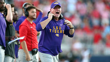 Sep 27, 2025; Oxford, Mississippi, USA; LSU Tigers head coach Brian Kelly reacts during the fourth quarter against the Mississippi Rebels at Vaught-Hemingway Stadium. Mandatory Credit: Petre Thomas-Imagn Images