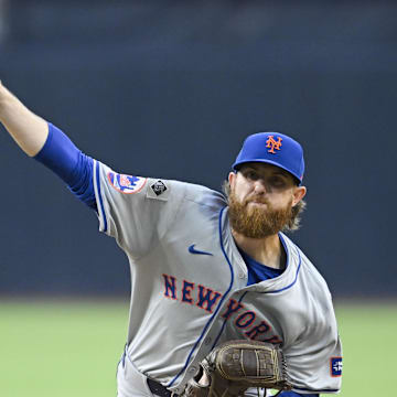 Aug 23, 2024; San Diego, California, USA; New York Mets starting pitcher Paul Blackburn (58) pitches during the first inning against the San Diego Padres at Petco Park. Mandatory Credit: Denis Poroy-Imagn Images