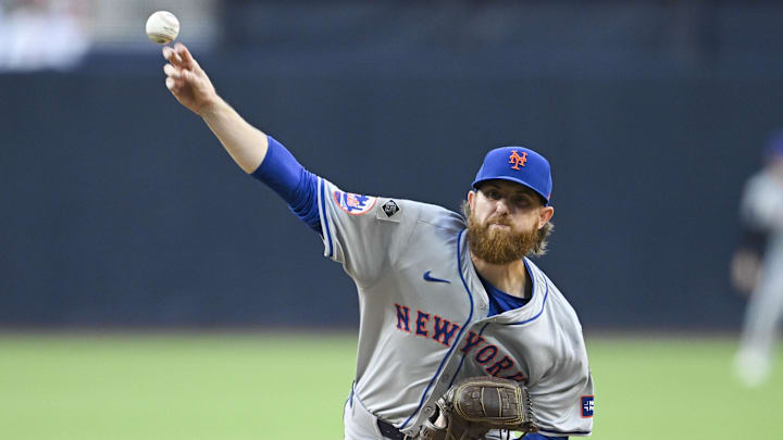 Aug 23, 2024; San Diego, California, USA; New York Mets starting pitcher Paul Blackburn (58) pitches during the first inning against the San Diego Padres at Petco Park. Mandatory Credit: Denis Poroy-Imagn Images