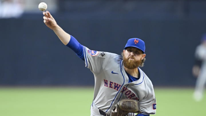 Aug 23, 2024; San Diego, California, USA; New York Mets starting pitcher Paul Blackburn (58) pitches during the first inning against the San Diego Padres at Petco Park. Mandatory Credit: Denis Poroy-USA TODAY Sports