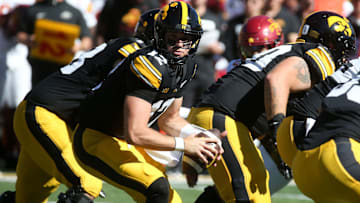 Iowa’s Cade McNamara (12) receives the snap against Iowa State during the CyHawk game Saturday, Sept. 7, 2024 at Kinnick Stadium in Iowa City, Iowa.