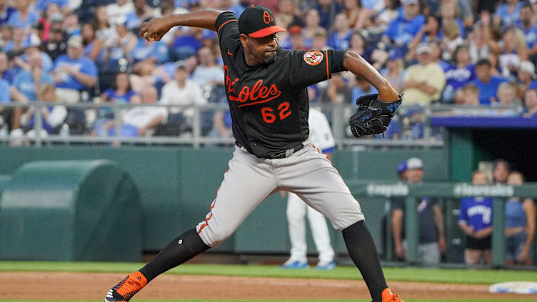 Jul 16, 2021; Kansas City, Missouri, USA; Baltimore Orioles relief pitcher Cesar Valdez (62)