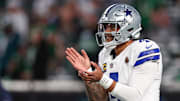 Dallas Cowboys quarterback Dak Prescott (4) looks on during warmups prior to the game against the Philadelphia Eagles at Lincoln Financial Field.