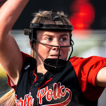 North Polk's Ava Husak pitches during day one of the Iowa high school state softball tournament on Monday, July 17, 2023 in Fort Dodge.