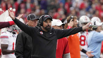 Nov 16, 2024; Chicago, Illinois, USA; Ohio State Buckeyes head coach Ryan Day gestures to the officials against the Northwestern Wildcats during the second half at Wrigley Field. Mandatory Credit: David Banks-Imagn Images