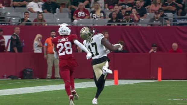 New Orleans Saints wide receiver A.T. Perry (17) catches a long pass against the Arizona Cardinals 