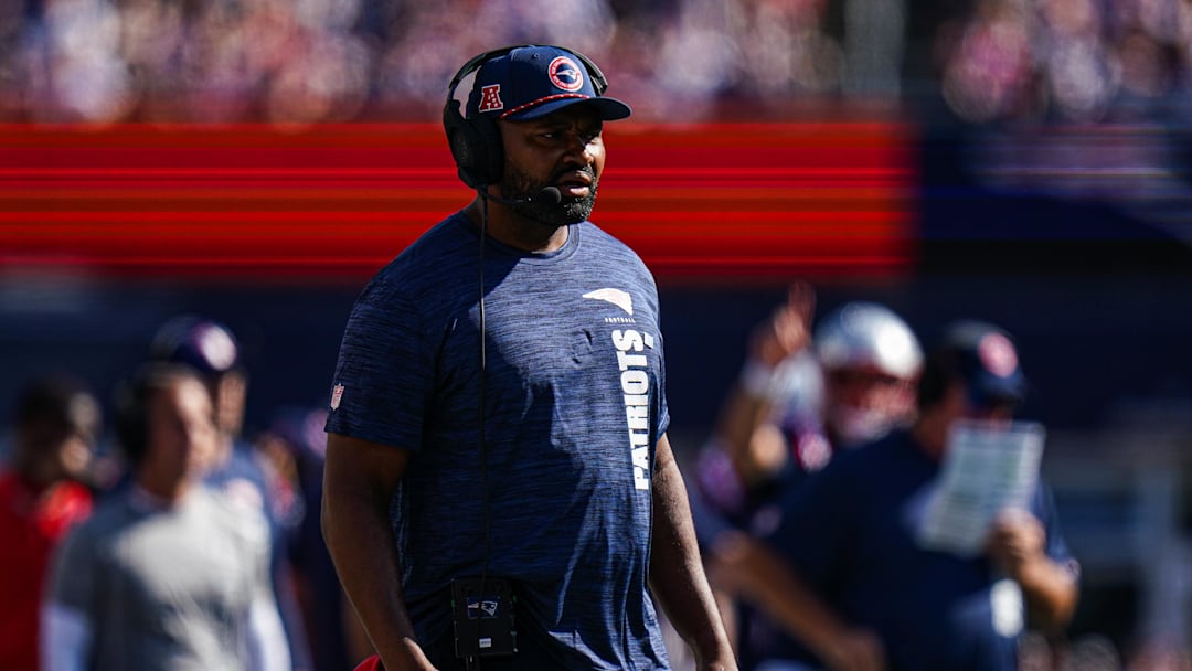 Sep 15, 2024; Foxborough, Massachusetts, USA; New England Patriots head coach Jerod Mayo watches from the sideline as they take on the Seattle Seahawks at Gillette Stadium. Mandatory Credit: David Butler II-Imagn Images