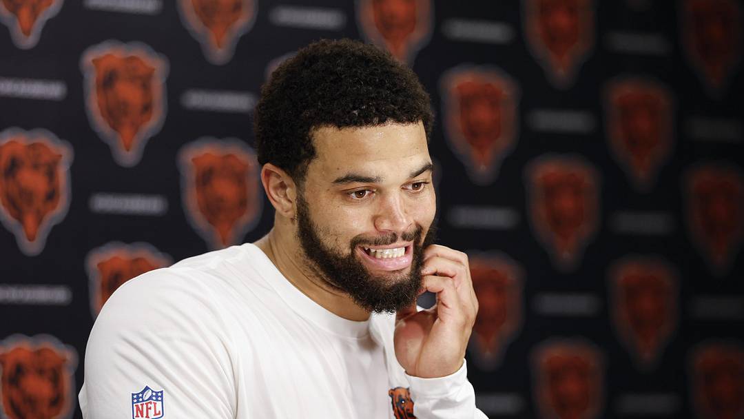 Jun 11, 2026; Lake Forest, IL, USA; Chicago Bears quarterback Caleb Williams (18) speaks during Minicamp at Halas Hall. Mandatory Credit: Kamil Krzaczynski-Imagn Images