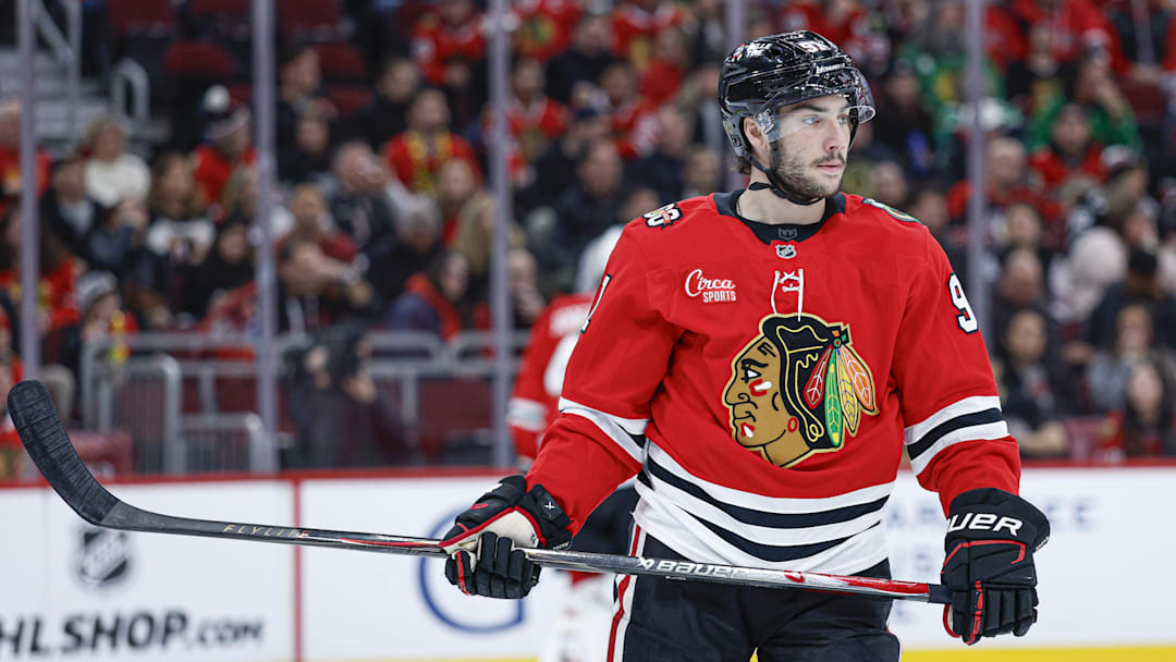 Nov 18, 2025; Chicago, Illinois, USA; Chicago Blackhawks center Frank Nazar (91) looks on during the first period at United Center. Mandatory Credit: Kamil Krzaczynski-Imagn Images