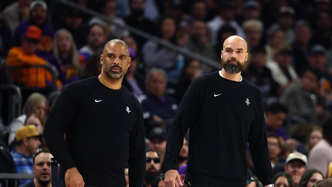 Nov 24, 2025; Phoenix, Arizona, USA; Houston Rockets head coach Ime Udoka (left) with assistant coach Ben Sullivan against the Phoenix Suns at Mortgage Matchup Center. Mandatory Credit: Mark J. Rebilas-Imagn Images Nov 24, 2025; Phoenix, Arizona, USA; Houston Rockets head coach Ime Udoka (left) with assistant coach Ben Sullivan against the Phoenix Suns at Mortgage Matchup Center. Mandatory Credit: Mark J. Rebilas-Imagn Images