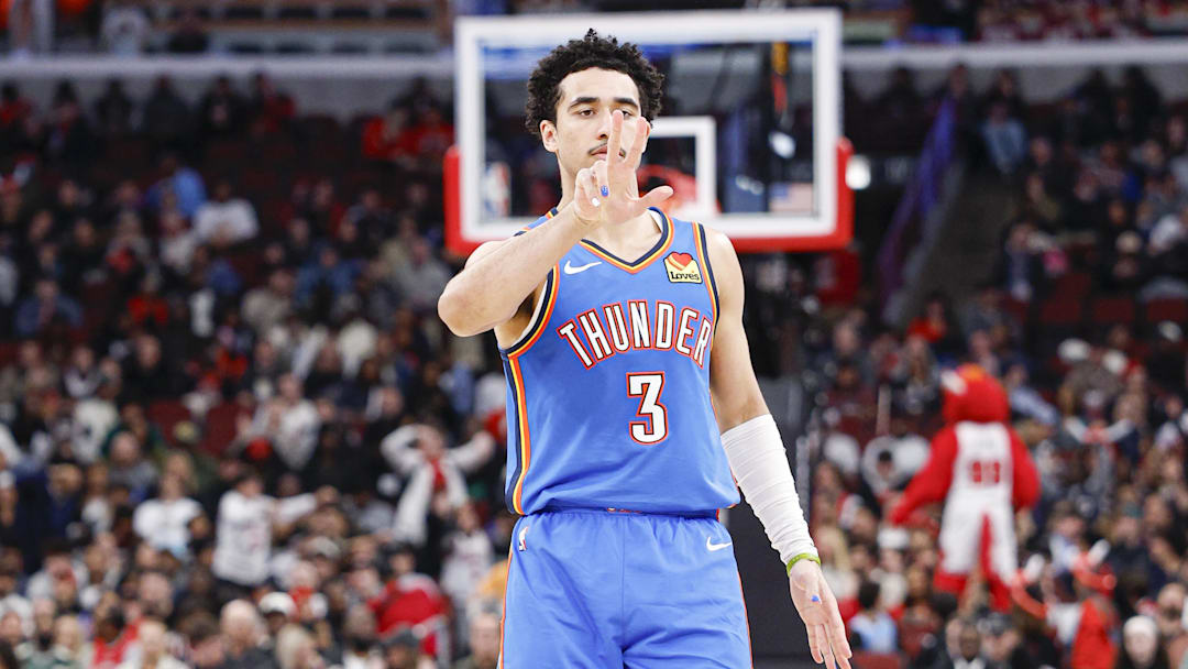 Mar 3, 2026; Chicago, Illinois, USA; Oklahoma City Thunder guard Jared McCain (3) reacts after scoring a three-pointer against the Chicago Bulls during the second half at United Center. Mandatory Credit: Kamil Krzaczynski-Imagn Images