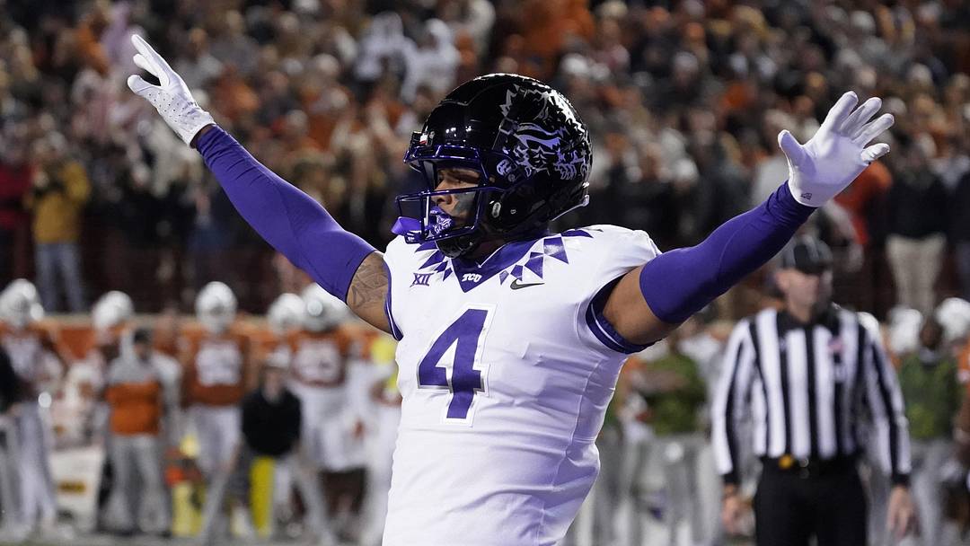 Nov 12, 2022; Austin, Texas, USA; Texas Christian Horned Frogs safety Namdi Obiazor (4) reacts after breaking up a pass against the Texas Longhorns during the second half at Darrell K Royal-Texas Memorial Stadium. Mandatory Credit: Scott Wachter-Imagn Images