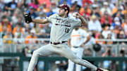 Jun 22, 2024; Omaha, NE, USA;  Texas A&M Aggies starting pitcher Ryan Prager (18) throws against the Tennessee Volunteers during the first inning at Charles Schwab Field Omaha. Mandatory Credit: Steven Branscombe-Imagn Images