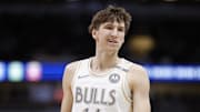Dec 21, 2024; Chicago, Illinois, USA; Chicago Bulls forward Matas Buzelis (14) reacts during the first half at United Center. Mandatory Credit: Kamil Krzaczynski-Imagn Images