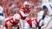 Dylan Raiola prepares for a snap in Nebraska's 68-0 win over Akron.