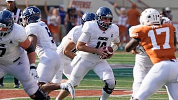 Sep 2, 2023; Austin, Texas, USA; Rice Owls quarterback JT Daniels (18) during the second half against the Texas Longhorns at Darrell K Royal-Texas Memorial Stadium. Mandatory Credit: Scott Wachter-Imagn Images