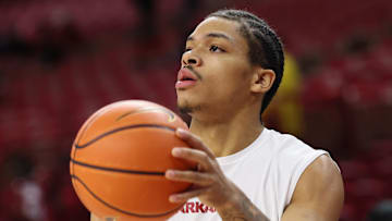 Nov 11, 2025; Fayetteville, Arkansas, USA; Arkansas Razorbacks guard Darius Acuff Jr warms up prior to the game against the UCA Bears at Bud Walton Arena. Mandatory Credit: Nelson Chenault-Imagn Images