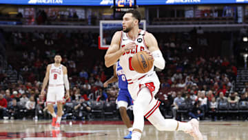 Dec 8, 2024; Chicago, Illinois, USA; Chicago Bulls guard Zach LaVine (8) drives to the basket against the Philadelphia 76ers during the first half at United Center. Mandatory Credit: Kamil Krzaczynski-Imagn Images