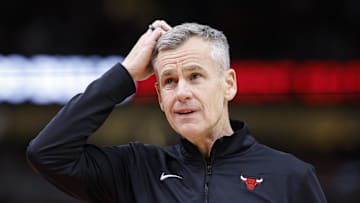Dec 6, 2024; Chicago, Illinois, USA; Chicago Bulls head coach Billy Donovan reacts during the second half at United Center. Mandatory Credit: Kamil Krzaczynski-Imagn Images