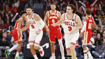 Oct 27, 2025; Chicago, Illinois, USA; Chicago Bulls guard Josh Giddey (3) celebrates after scoring against the Atlanta Hawks during the second half at United Center. Mandatory Credit: Kamil Krzaczynski-Imagn Images