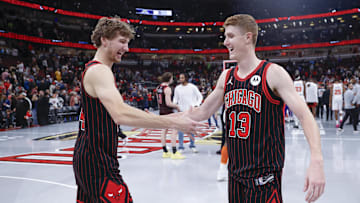Oct 31, 2025; Chicago, Illinois, USA; Chicago Bulls forward Matas Buzelis (14) celebrates with guard Kevin Huerter (13) after team's win against the New York Knicks at United Center. Mandatory Credit: Kamil Krzaczynski-Imagn Images
