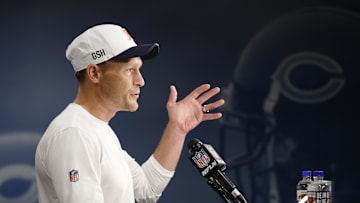 Jul 24, 2025; Lake Forest, IL, USA; Chicago Bears head coach Ben Johnson speaks during training camp at Halas Hall. Mandatory Credit: Kamil Krzaczynski-Imagn Images