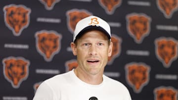 Jul 24, 2025; Lake Forest, IL, USA; Chicago Bears head coach Ben Johnson speaks during training camp at Halas Hall. Mandatory Credit: Kamil Krzaczynski-Imagn Images