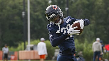 Jul 24, 2025; Lake Forest, IL, USA; Chicago Bears wide receiver Jahdae Walker (20) catches the ball during training camp at Halas Hall. Mandatory Credit: Kamil Krzaczynski-Imagn Images