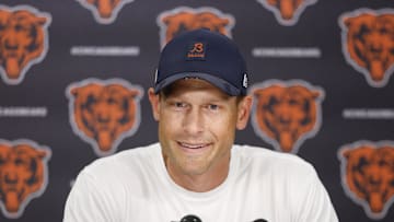 Aug 8, 2025; Lake Forest, IL, USA; Chicago Bears head coach Ben Johnson speaks before joint training camp practice with the Miami Dolphins ahead of Sunday's preseason opener. Mandatory Credit: Kamil Krzaczynski-Imagn Images