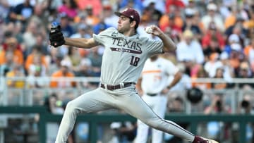 Jun 22, 2024; Omaha, NE, USA;  Texas A&M Aggies starting pitcher Ryan Prager (18) throws against the Tennessee Volunteers during the first inning at Charles Schwab Field Omaha. Mandatory Credit: Steven Branscombe-USA TODAY Sports