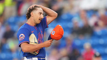 Mar 6, 2025; Port St. Lucie, Florida, USA;  New York Mets pitcher Brandon Sproat (91) prepares to pitch against the Houston Astros at Clover Park. Mandatory Credit: Jim Rassol-Imagn Images
