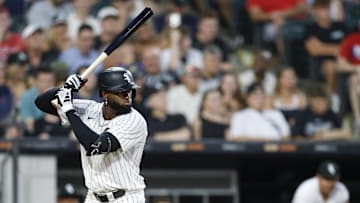 Jul 28, 2025; Chicago, Illinois, USA; Chicago White Sox center fielder Luis Robert Jr. (88) bats against the Philadelphia Phillies during the sixth inning at Rate Field. Mandatory Credit: Kamil Krzaczynski-Imagn Images