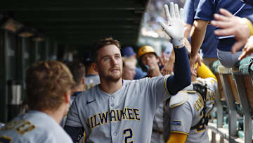 Aug 21, 2025; Chicago, Illinois, USA; Milwaukee Brewers second baseman Brice Turang (2) celebrates with teammates in the dugout after hitting a two-run home run against the Chicago Cubs during the second inning at Wrigley Field. Mandatory Credit: Kamil Krzaczynski-Imagn Images