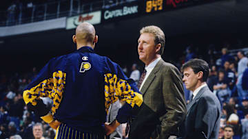 Unknown date; Miami, FL, USA; FILE PHOTO; Indiana Pacers head coach Larry Bird  talks to Reggie Miller (left) against the Miami Heat at the Miami Arena. Mandatory Credit: Imagn Images