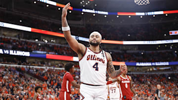 Nov 19, 2025; Chicago, Illinois, USA; Illinois Fighting Illini guard Kylan Boswell (4) reacts during the second half at United Center. Mandatory Credit: Kamil Krzaczynski-Imagn Images