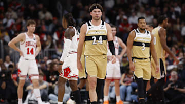 Nov 22, 2025; Chicago, Illinois, USA; Washington Wizards forward Corey Kispert (24) reacts after scoring against the Chicago Bulls during the first half at United Center. Mandatory Credit: Kamil Krzaczynski-Imagn Images