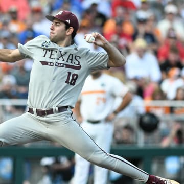 Jun 22, 2024; Omaha, NE, USA;  Texas A&M Aggies starting pitcher Ryan Prager (18) throws against the Tennessee Volunteers during the first inning at Charles Schwab Field Omaha. Mandatory Credit: Steven Branscombe-USA TODAY Sports