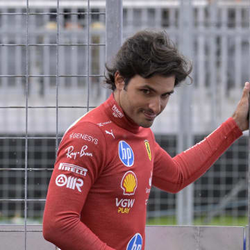 Jun 7, 2024; Montreal, Quebec, CAN; Ferrari driver driver Carlos Sainz (ESP) in the pit lane during the practice session at Circuit Gilles Villeneuve. Mandatory Credit: Eric Bolte-USA TODAY Sports