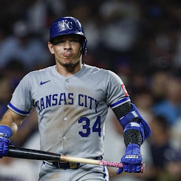 Jul 22, 2025; Chicago, Illinois, USA; Kansas City Royals catcher Freddy Fermin (34) reacts after striking out against the Chicago Cubs during the seventh inning at Wrigley Field. Mandatory Credit: Kamil Krzaczynski-Imagn Images