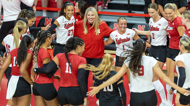 The Nebraska Volleyball team huddles up before the Red-White Scrimmage on Saturday.