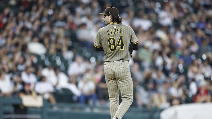 Sep 19, 2025; Chicago, Illinois, USA; San Diego Padres starting pitcher Dylan Cease (84) reacts during the fourth inning of a baseball game against the Chicago White Sox at Rate Field. Mandatory Credit: Kamil Krzaczynski-Imagn Images