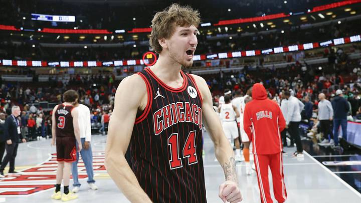 Oct 31, 2025; Chicago, Illinois, USA; Chicago Bulls forward Matas Buzelis (14) celebrates after team's win against the New York Knicks at United Center. Mandatory Credit: Kamil Krzaczynski-Imagn Images