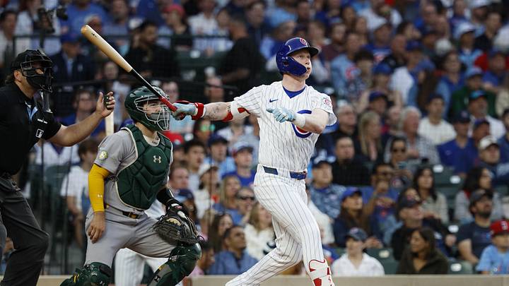 Jun 3, 2026; Chicago, Illinois, USA; Chicago Cubs center fielder Pete Crow-Armstrong (4) hits a two-run home run against the Athletics during the third inning at Wrigley Field. Mandatory Credit: Kamil Krzaczynski-Imagn Images
