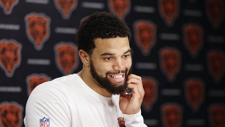 Jun 11, 2026; Lake Forest, IL, USA; Chicago Bears quarterback Caleb Williams (18) speaks during Minicamp at Halas Hall. Mandatory Credit: Kamil Krzaczynski-Imagn Images