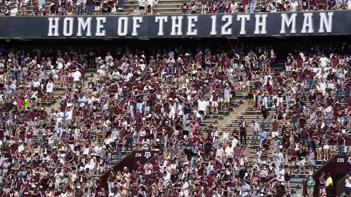 Oct 10, 2020; College Station, Texas, USA; Texas A&M Aggies fans in the stands cheer after the team defeated the Florida Gators at Kyle Field. Mandatory Credit: Scott Wachter-USA TODAY Sports